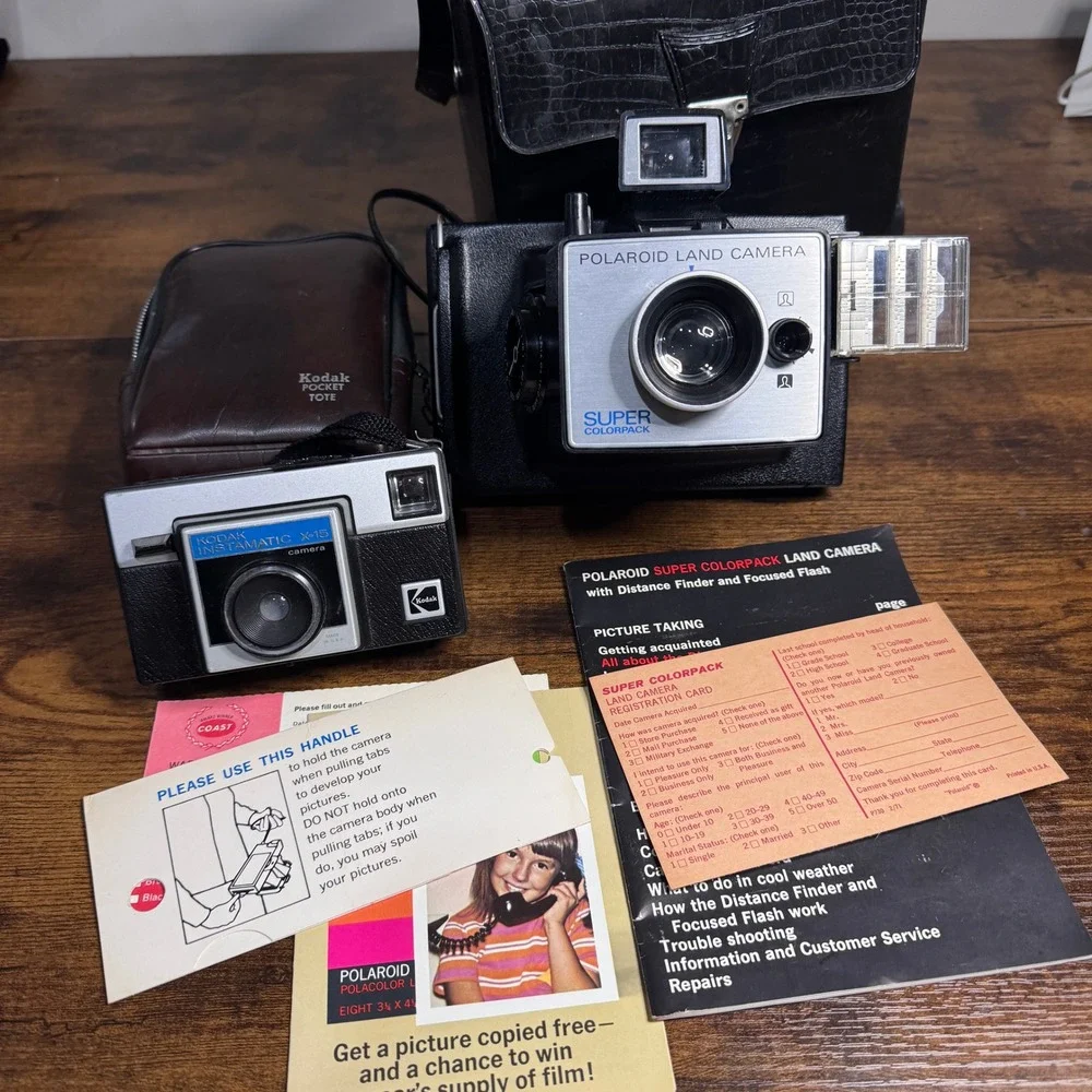 Vintage Polaroid Super Colorpack Land Camera & Kodak Instamatic X-15 Lot Cases